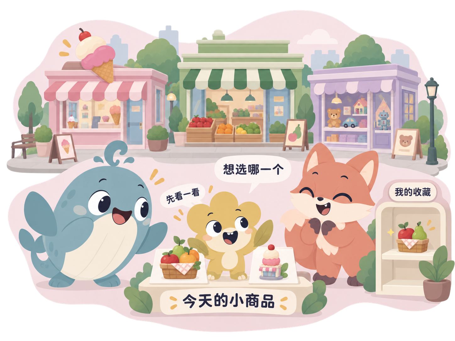 开放的多店商业街里，孩子比较当天的小收藏，选到的收藏自动展示。