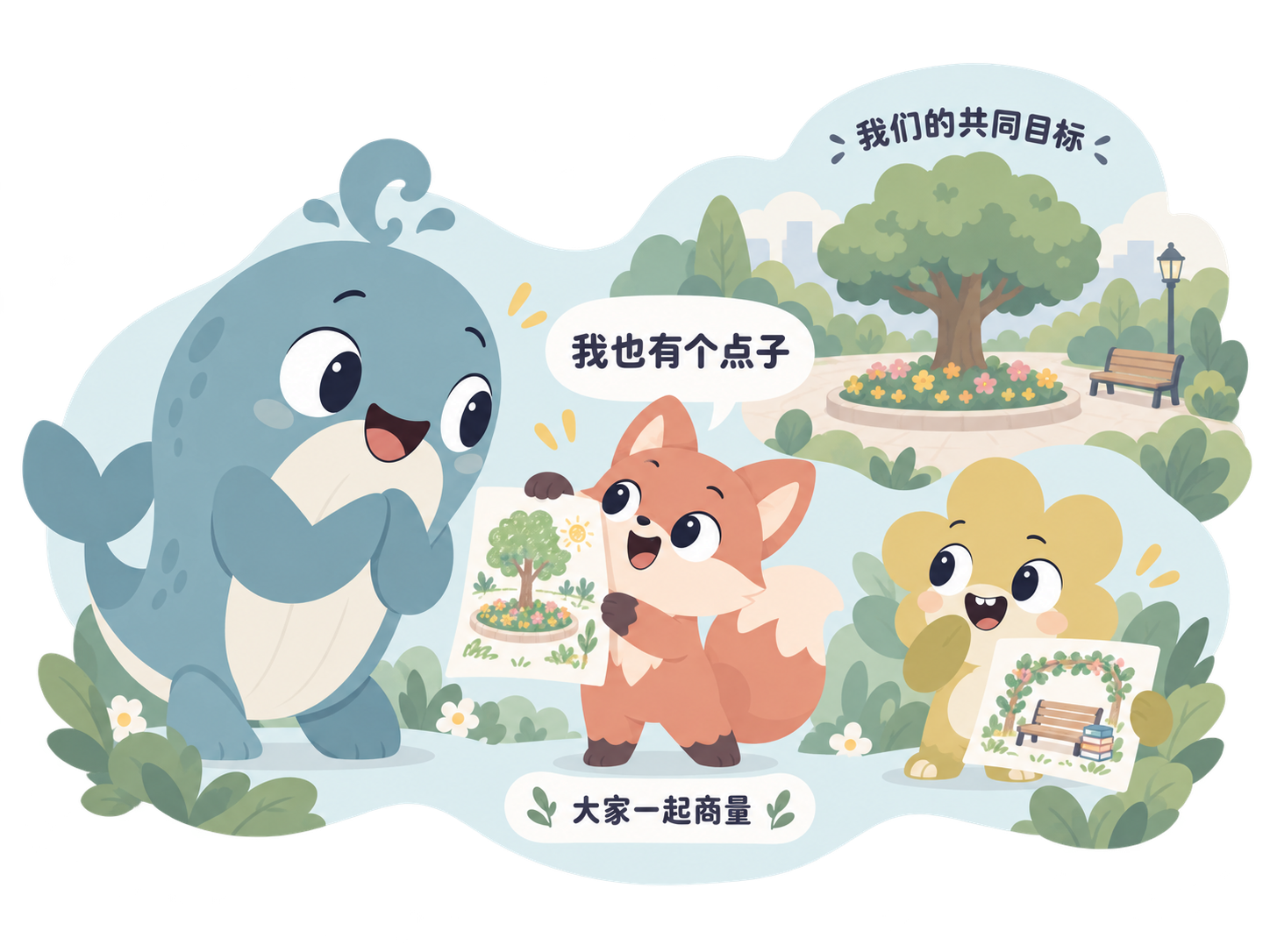 孩子把公共空间的想法递给老师，同伴一起补充意见。