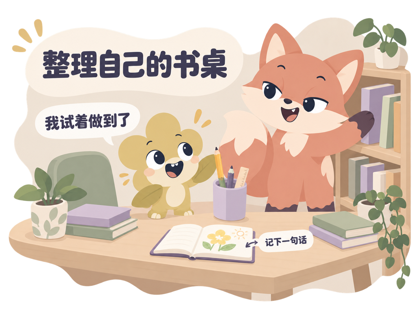 孩子在成人陪伴下整理自己的书桌，留下一句这次尝试的发现。
