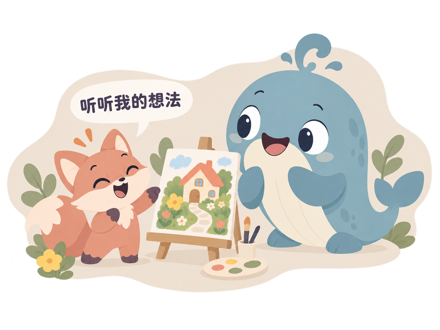 家长在身旁听孩子介绍刚完成的小家作品。