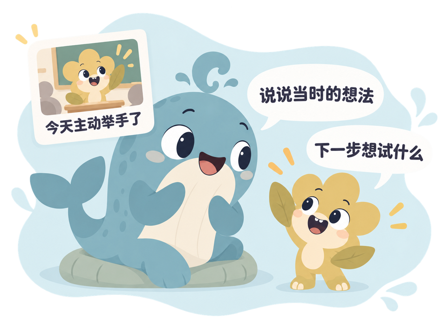 孩子说说今天主动举手时的想法,家长认真倾听。