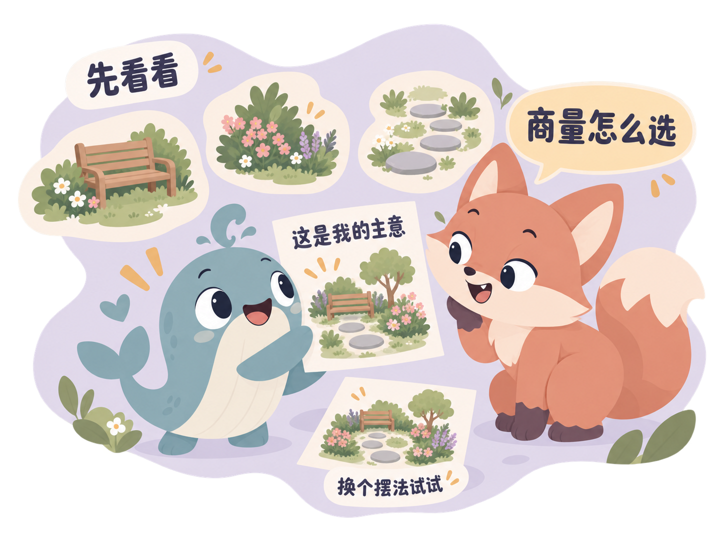 孩子展示花园构思,和家长商量选择道具与新的摆法。