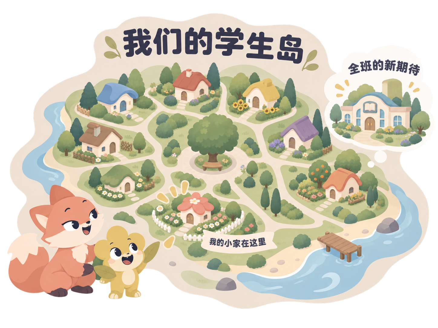 孩子向家长指出自己在班级岛屿的位置与全班的新期待,其他孩子匿名。