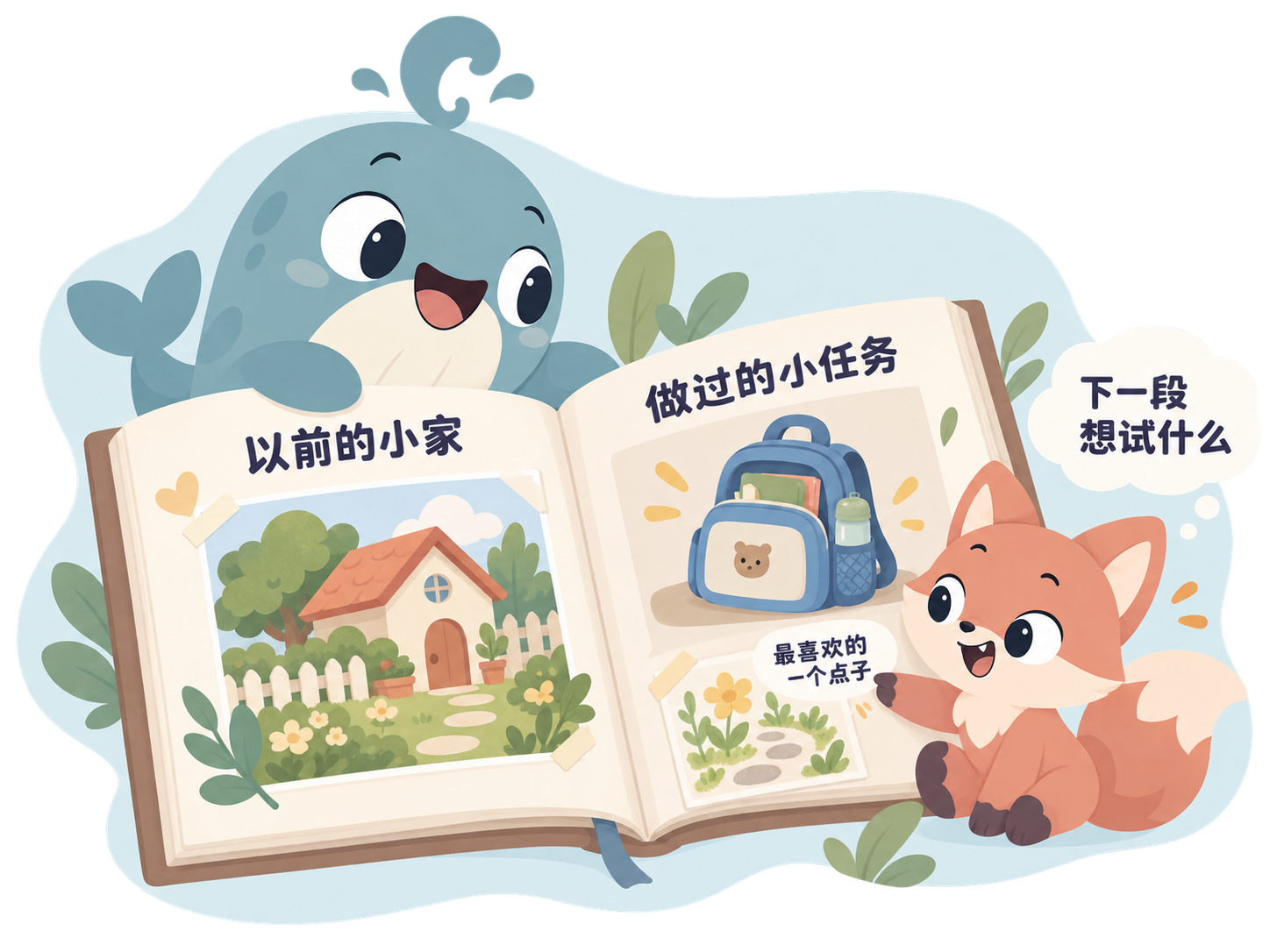 亲子翻看以前的小家和做过的小任务,回顾最喜欢的点子。
