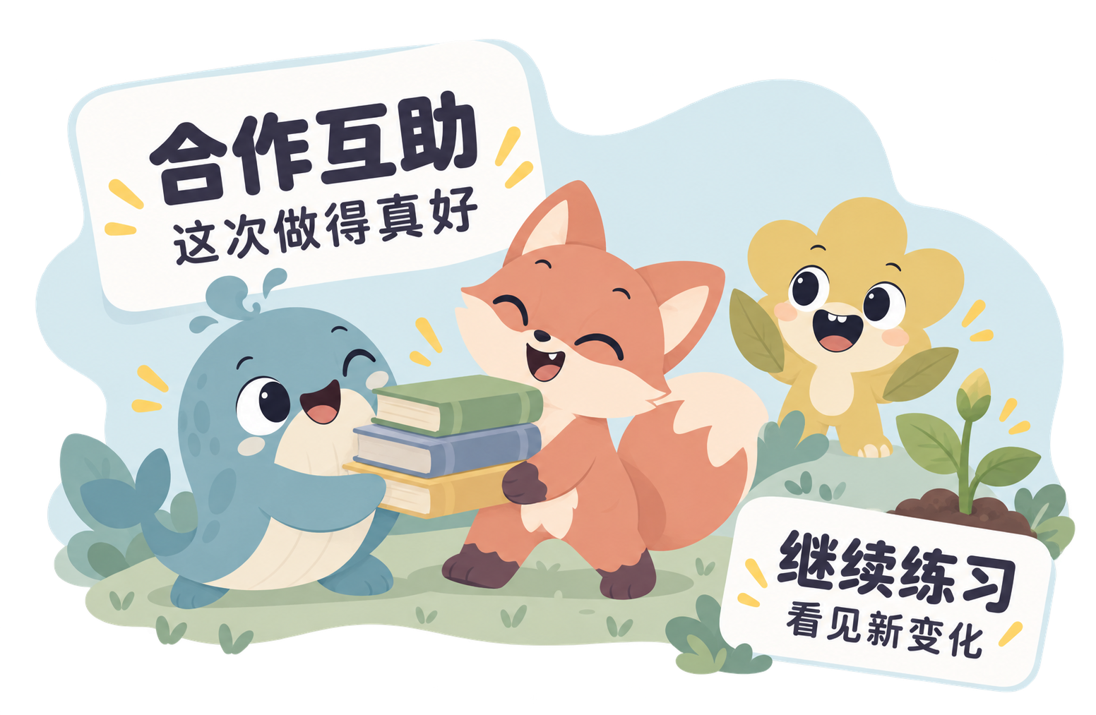 合作互助得到具体肯定,孩子知道继续练习,成长型花草呈现新变化。