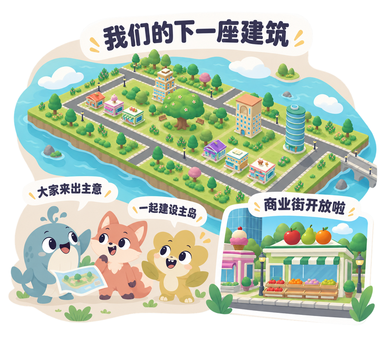 完整主岛、公共广场与开放商业街承接全班的共同期待,孩子们向老师提出安排想法。