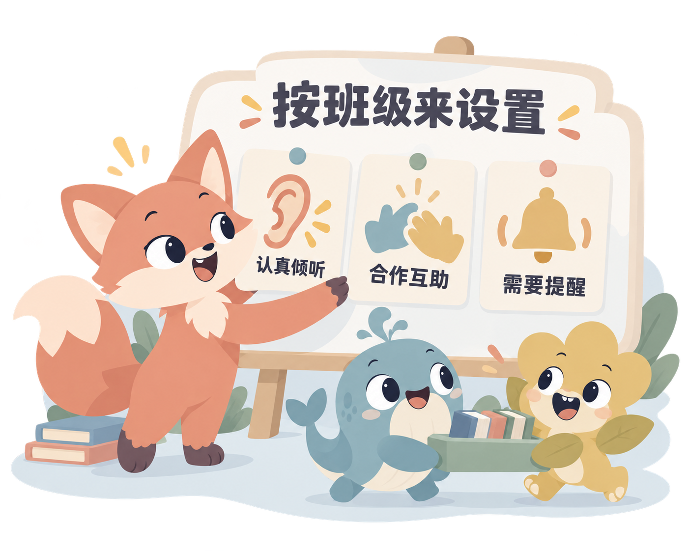 老师按班级需要设置认真倾听、合作互助和需要提醒的行为项。