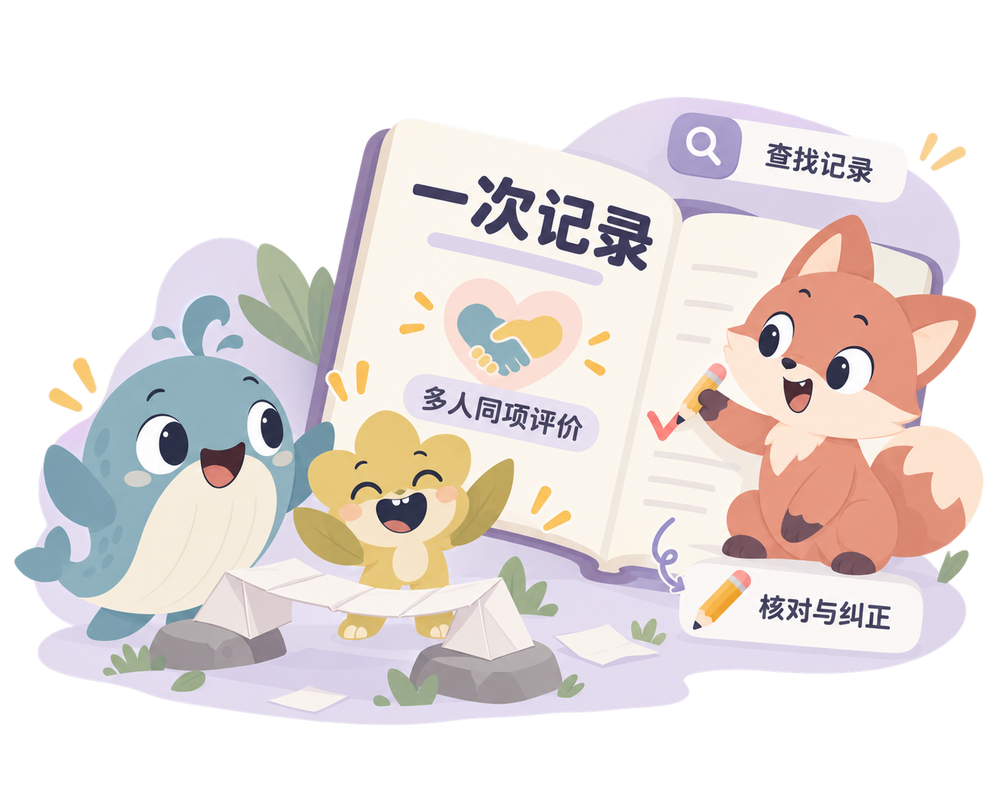 多人一起完成作品,老师集中记录同一种表现,查找并核对记录。