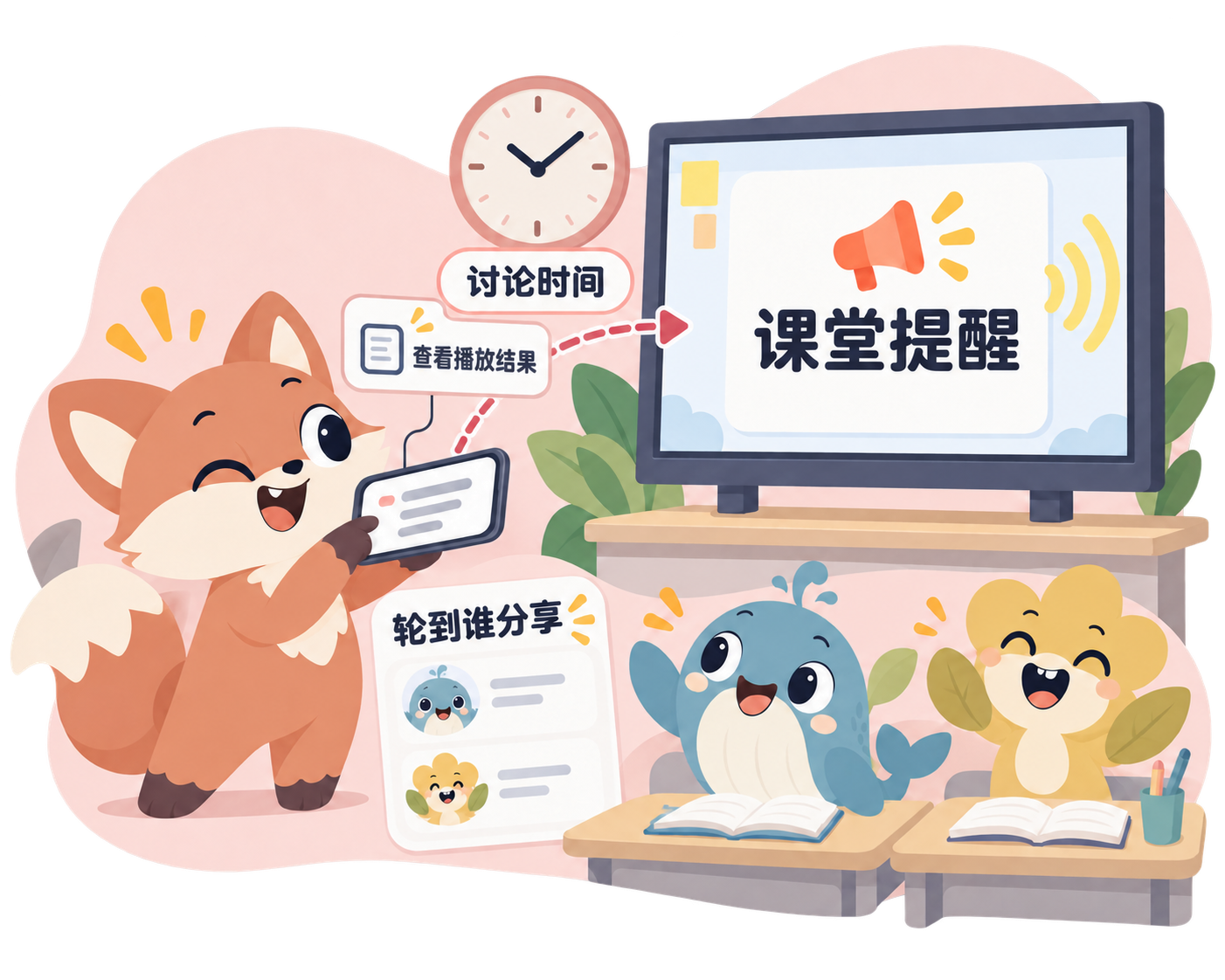 文字提醒从教师手机来到课堂设备,抽人和计时帮助安排分享。