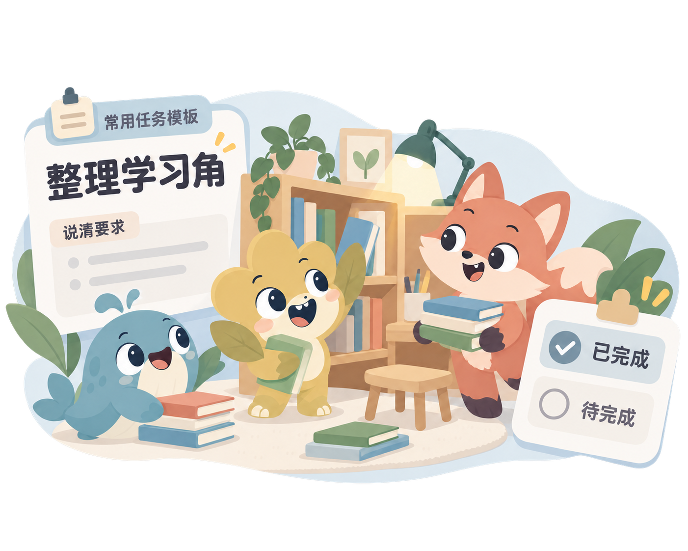 整理学习角任务从清楚的要求,到家庭参与,再到已完成和待完成名单。