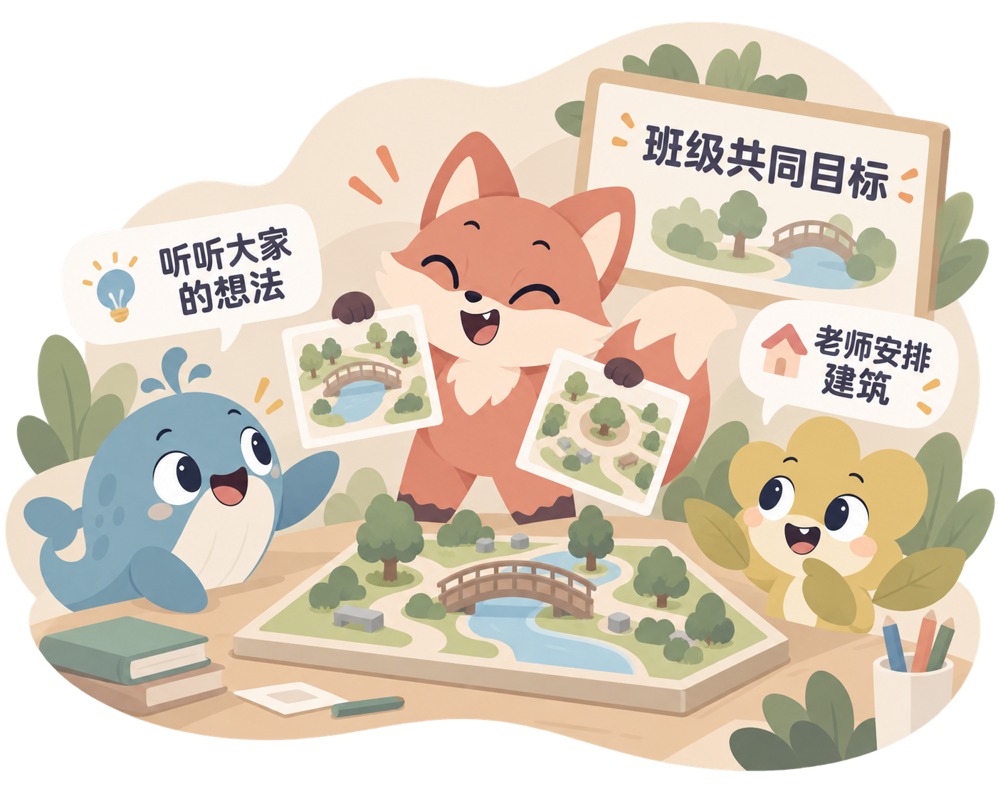 老师组织孩子讨论公共空间的安排,提出不同的班级共建想法。