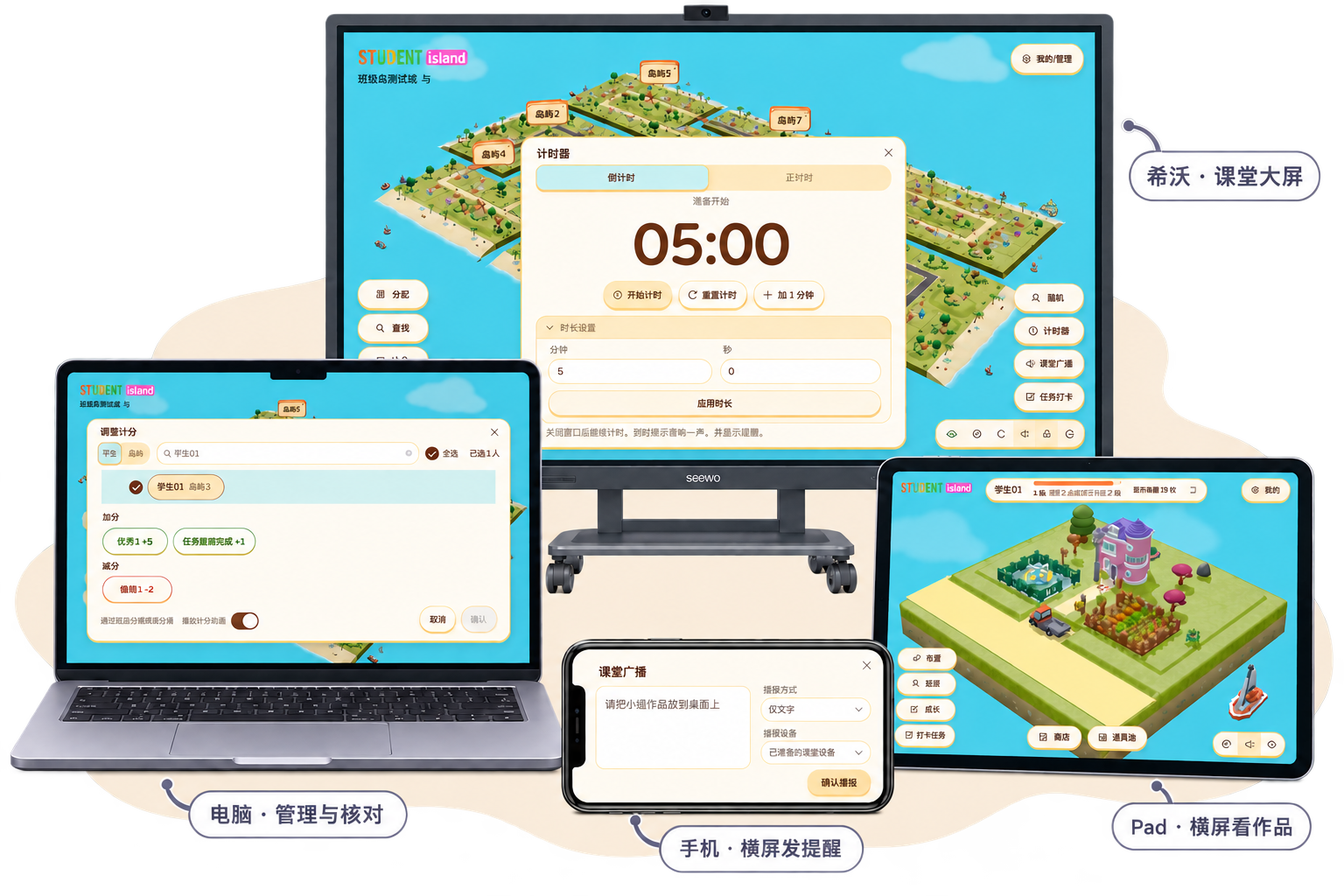 电脑管理与评价记录、Windows希沃班级全景、横屏Pad作品布置、横屏手机文字广播。功能画面示意。
